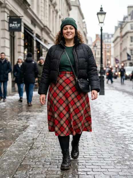 20. Plaid Skirt with a Cropped Puffer Jacket
