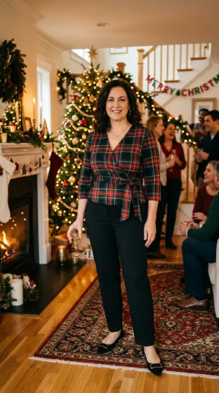 27. Plaid Wrap Top with Black Trousers