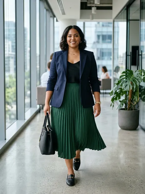 7. Pleated Midi Skirt With A Fitted Blazer