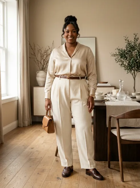 16. Pleated Trousers With A Silk Blouse