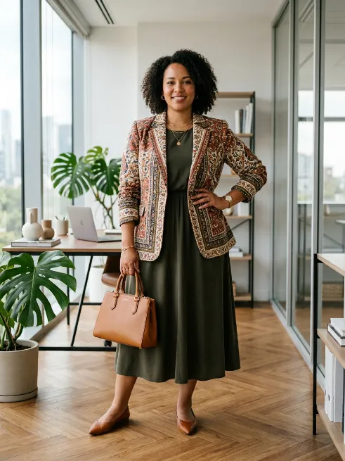 26. Printed blazer over a plain dress