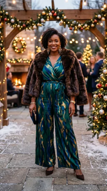 9. Printed Jumpsuit with a Faux Fur Stole