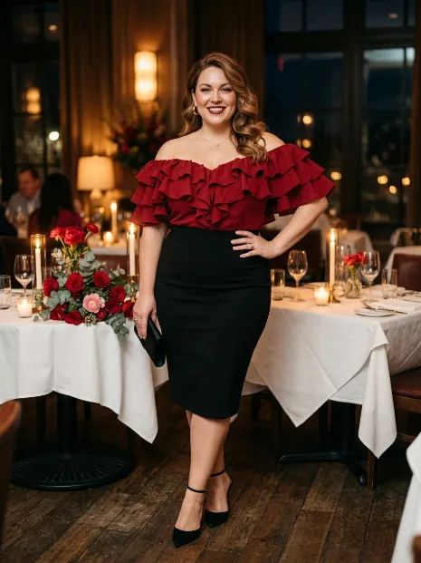 21. Ruffled Off Shoulder Top With A Pencil Skirt