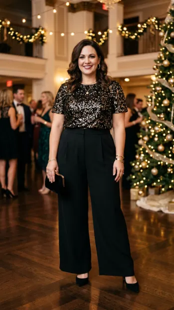 4. Sequin Top with Wide Leg Trousers