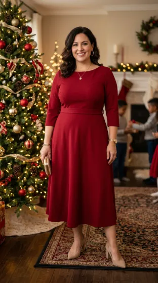 26. Solid Color Midi Dress in Deep Red