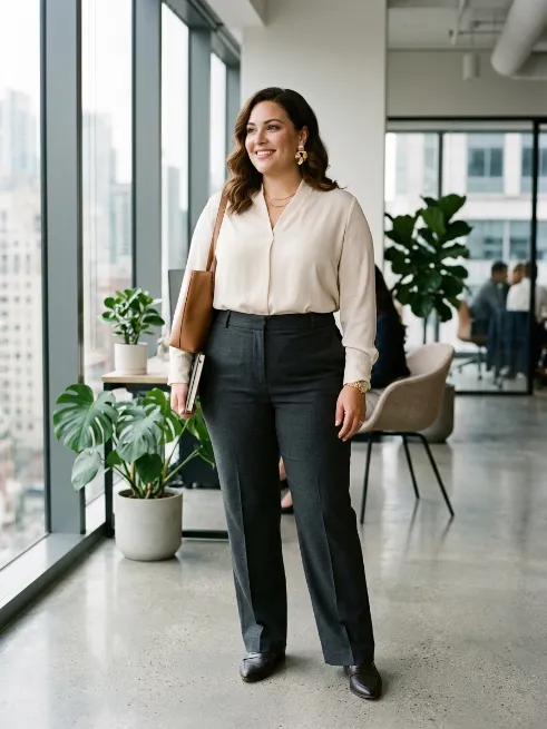 9. Straight Leg Pants With a Tucked Blouse