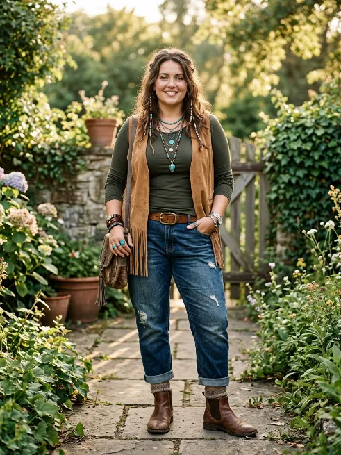 19. Suede vest over a long sleeve top