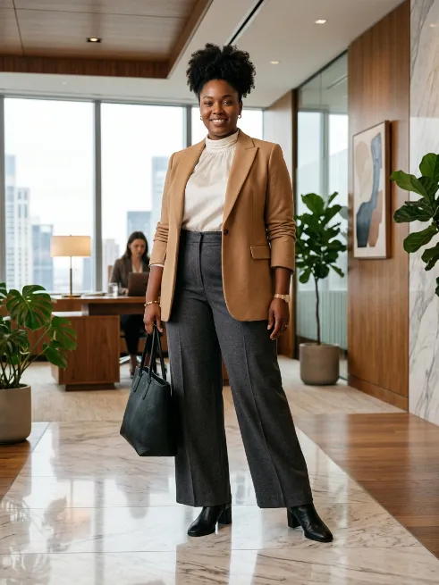 6. Tailored Trousers with Block Heel Boots