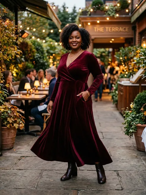 27. Velvet maxi dress with layered gold jewelry
