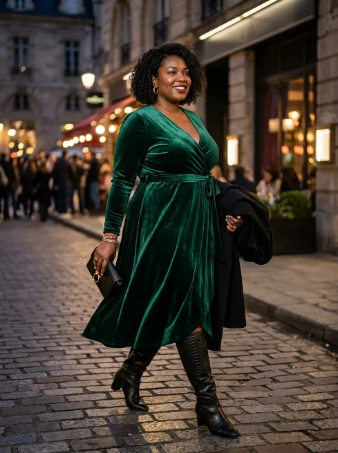 15. Velvet Wrap Dress With Boots
