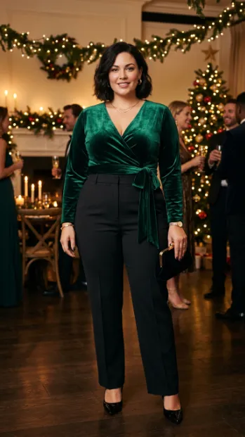 6. Velvet Wrap Top with Tailored Trousers