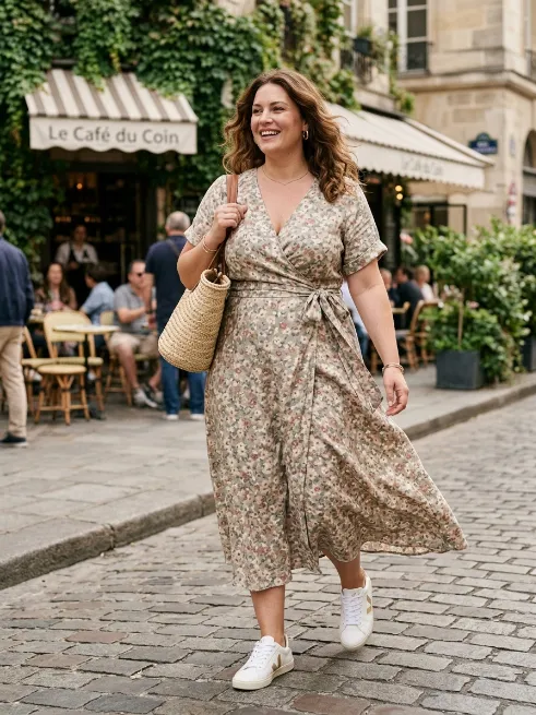 2. Wrap Dress With Sneakers