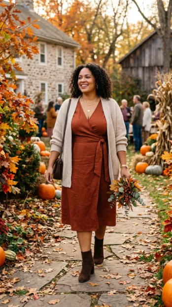 2. Wrap Dress in a Warm Tone