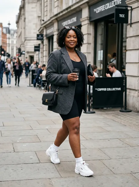 22. Blazer With Bike Shorts and Sneakers
