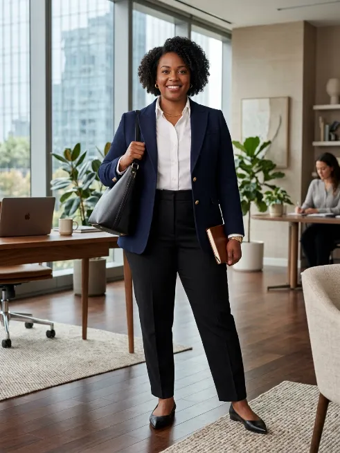 1. Navy Blazer With White Button Down and Tailored Trousers