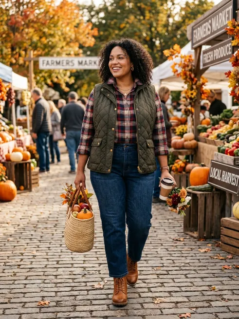 17. Quilted Vest Over Flannel Shirt