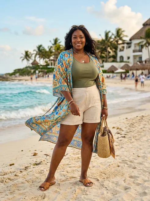 17. Kimono Over a Basic Tank and Shorts