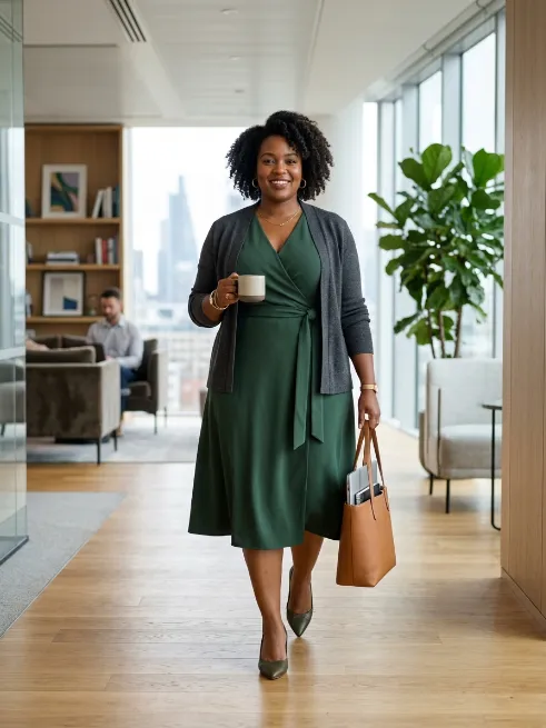 2. Wrap Dress with a Structured Cardigan
