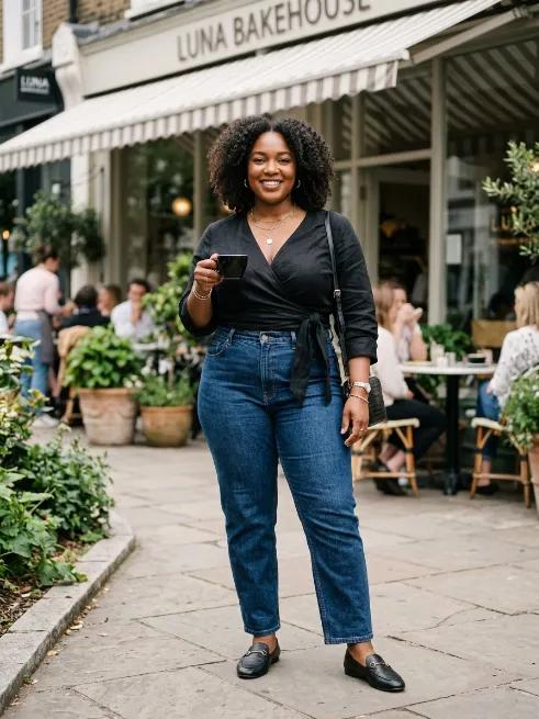 5. Wrap Top with High Waisted Jeans