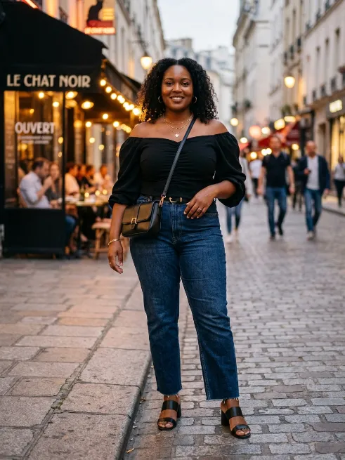 9. Off Shoulder Top with Straight Jeans