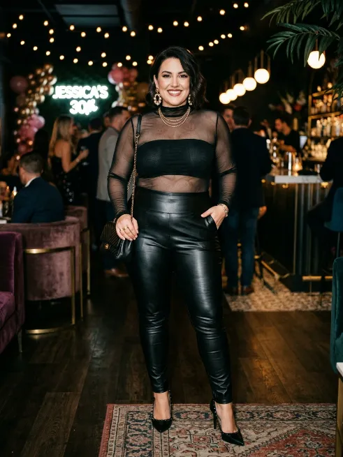 12. Leather Look Leggings With A Sheer Top