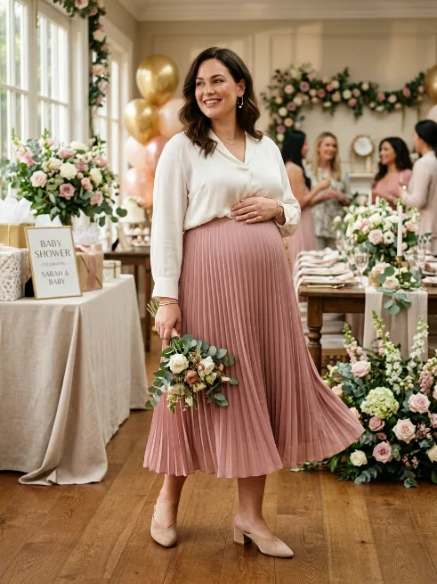 13. Pleated Midi Skirt with a Soft Blouse